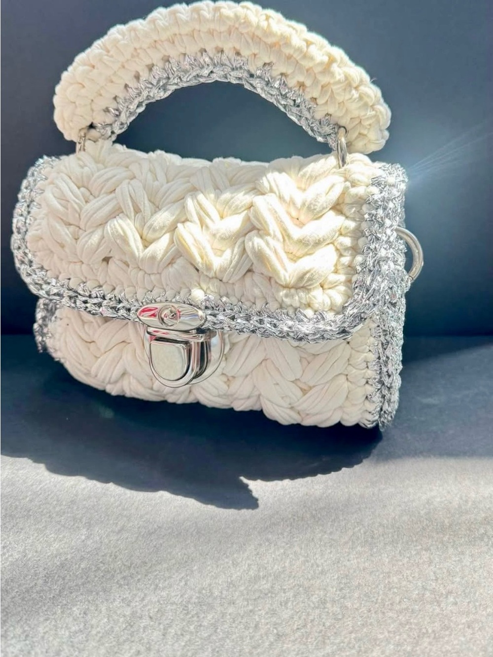 White Crochet Mini Top-Handle Bag with Silver Trim - Picture 2 of 6